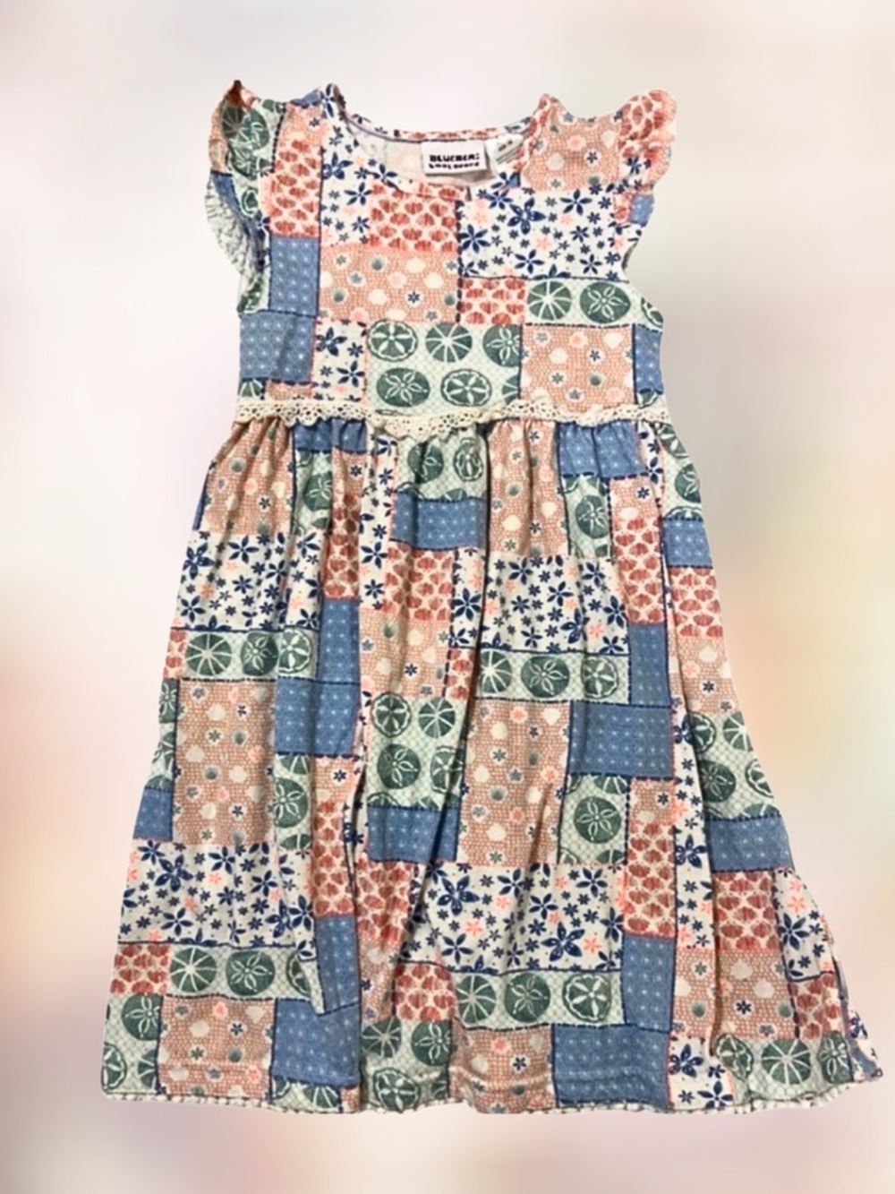 BLUEBERI BOULEVARD DRESS Patchwork Print Dress Ruffle Short Sleeves Girls SZ 6X